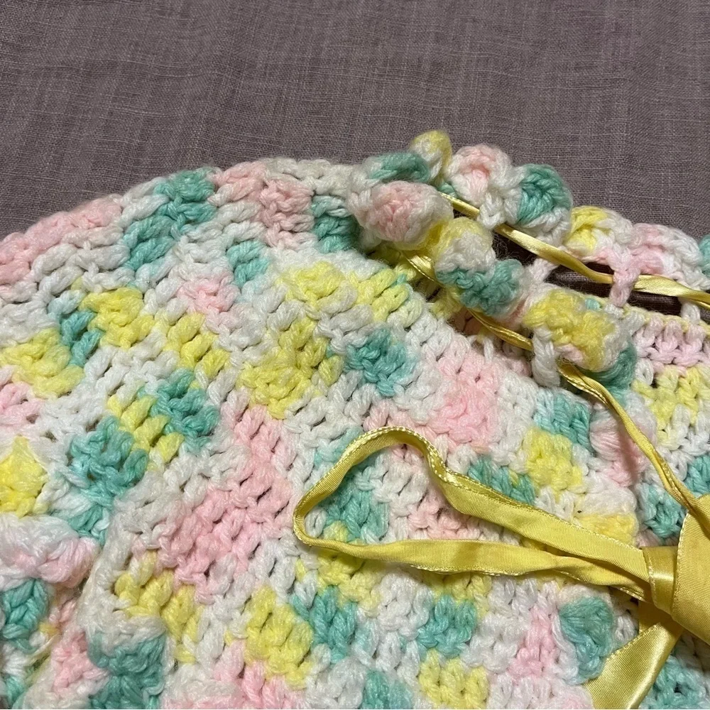 Vintage Handmade Colorful Crochet Knit Kids Jacket Fits Sizes 2+ Adjustable Bow